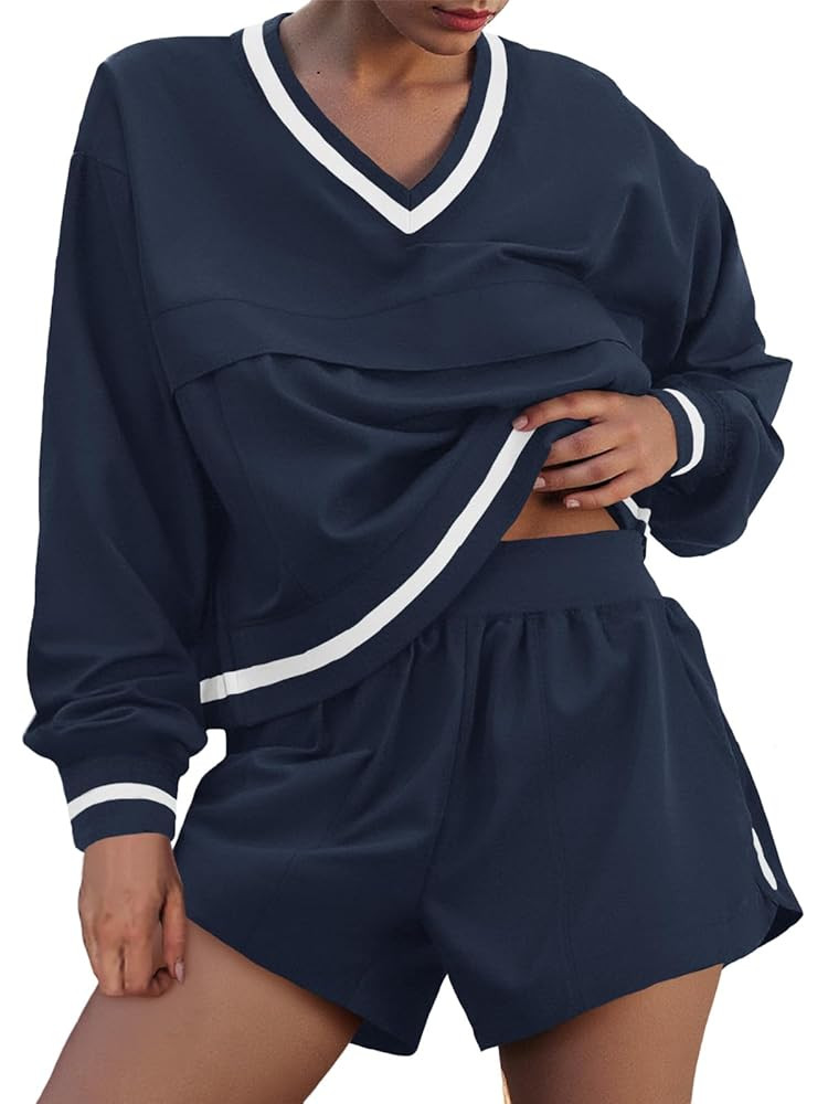 Fisoew Womens 2 Piece Outfits Long Sleeve V Neck Sweatshirt High Waist Running Shorts Sets Loose ... | Amazon (US)