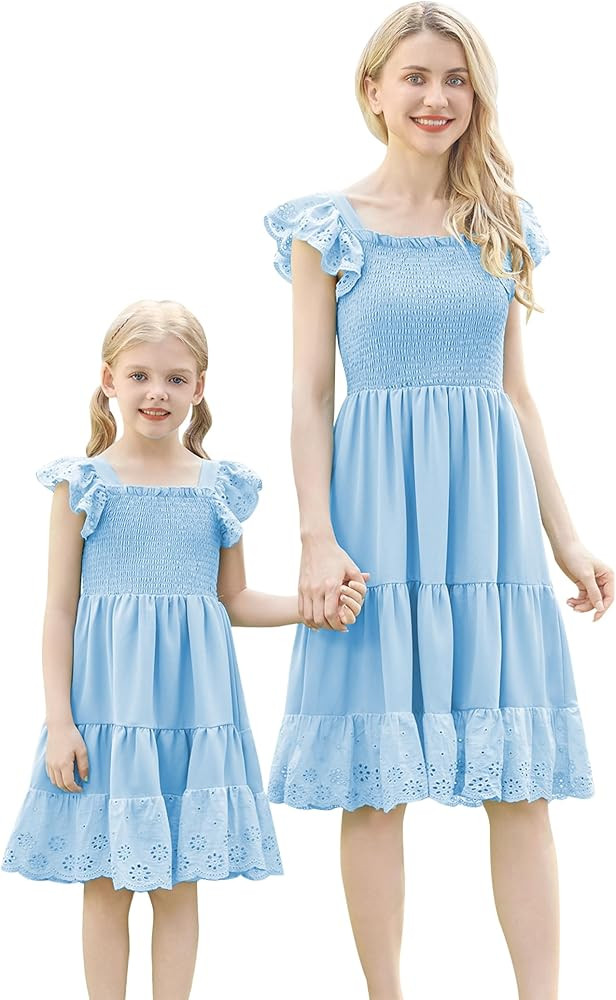AWIBMK Mommy and Me Dress Boho Summer Casual Holiday Mother Daughter Matching Ruffle Sleeve A-lin... | Amazon (US)