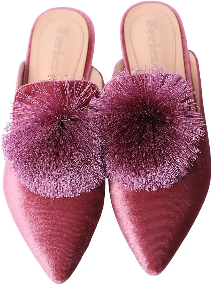 Fericzot Slip On Mule Backless Loafers Flats Puff Pompom Pointed Toe Casual Shoes Slippers | Amazon (US)