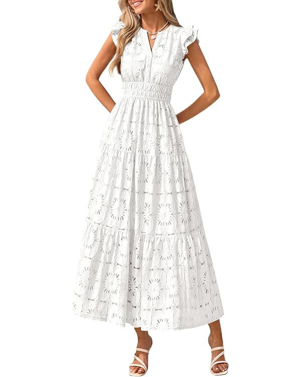 PRETTYGARDEN Womens Boho Maxi Dresses 2026 Summer Floral Lace Eyelet V Neck Spring Wedding Guest ... | Amazon (US)