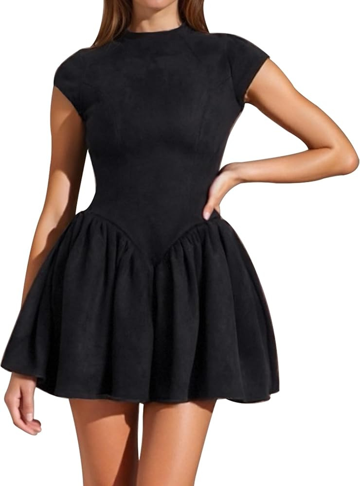 LuFeng Women's Crew Neck Cap Sleeve Backless Ruched Mini Dress with Button Elegant A Line Pleated... | Amazon (US)