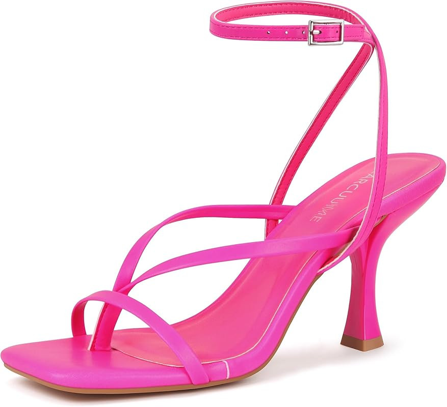 Carcuume Womens Kitten Heels Square Toe Thong Strappy Ankle Strap Stiletto Heel Sandals | Amazon (US)