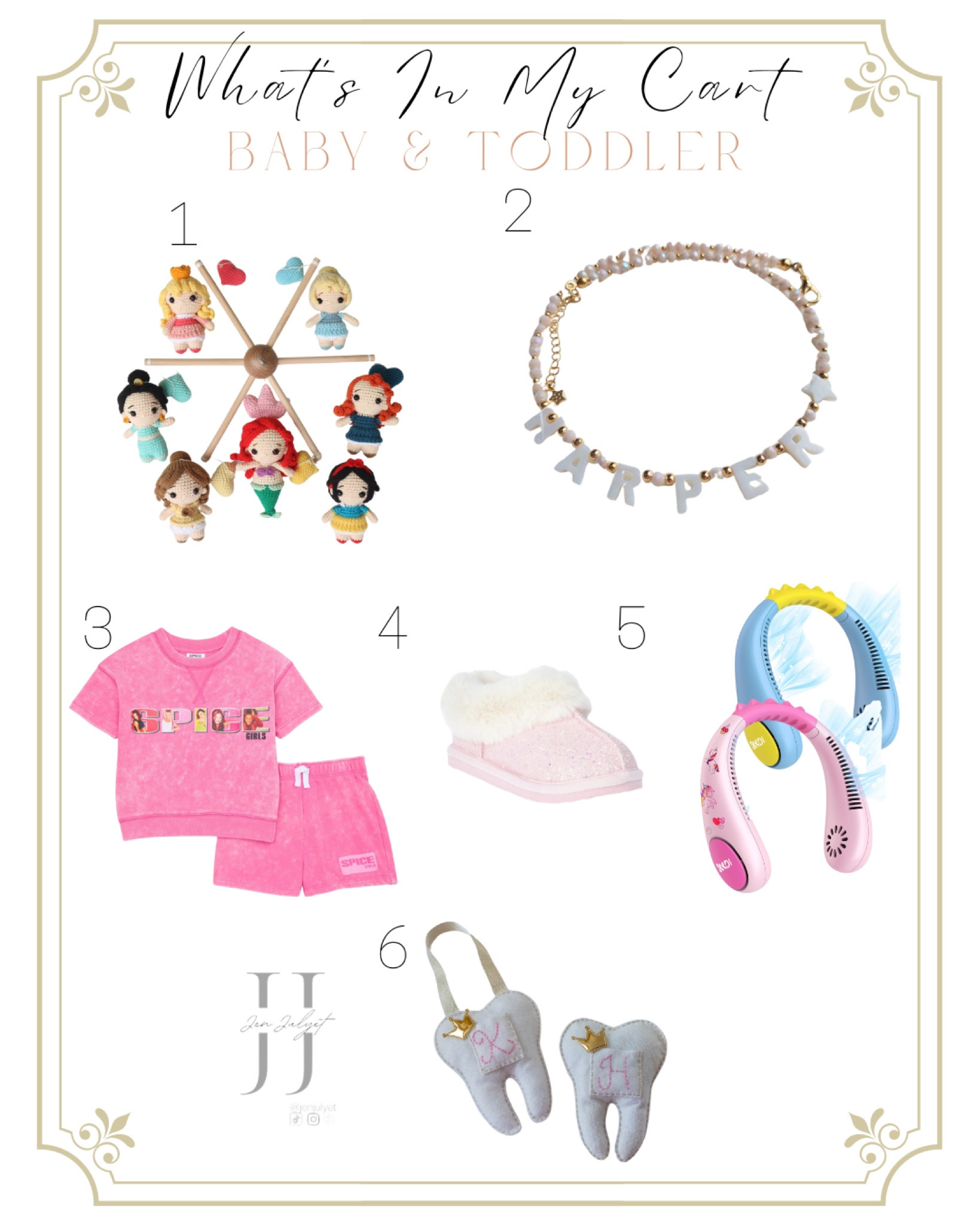 In my cart this week

1. The cutest princess baby girl crib mobile
2. Toddler name necklace
3. Toddler spice girl pink set
4. Toddler girl pink Ugg dupe 
5. Children’s fan for the heat!
6. Tooth fairy pillow 

Amazon, Walmart, Etsy must have finds

#LTKFamily #LTKBaby #LTKKids