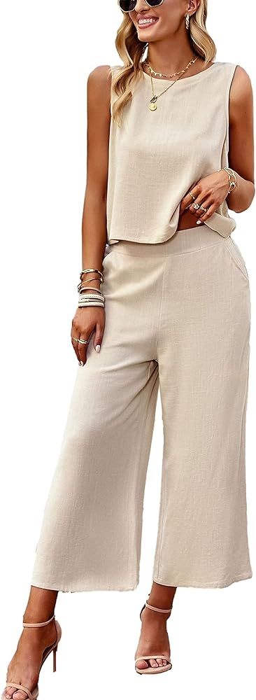 HangNiFang Womens Summer Casual 2 Piece Outfits Round Neck Crop Top Cropped Wide Leg Pants Jumpsu... | Amazon (US)