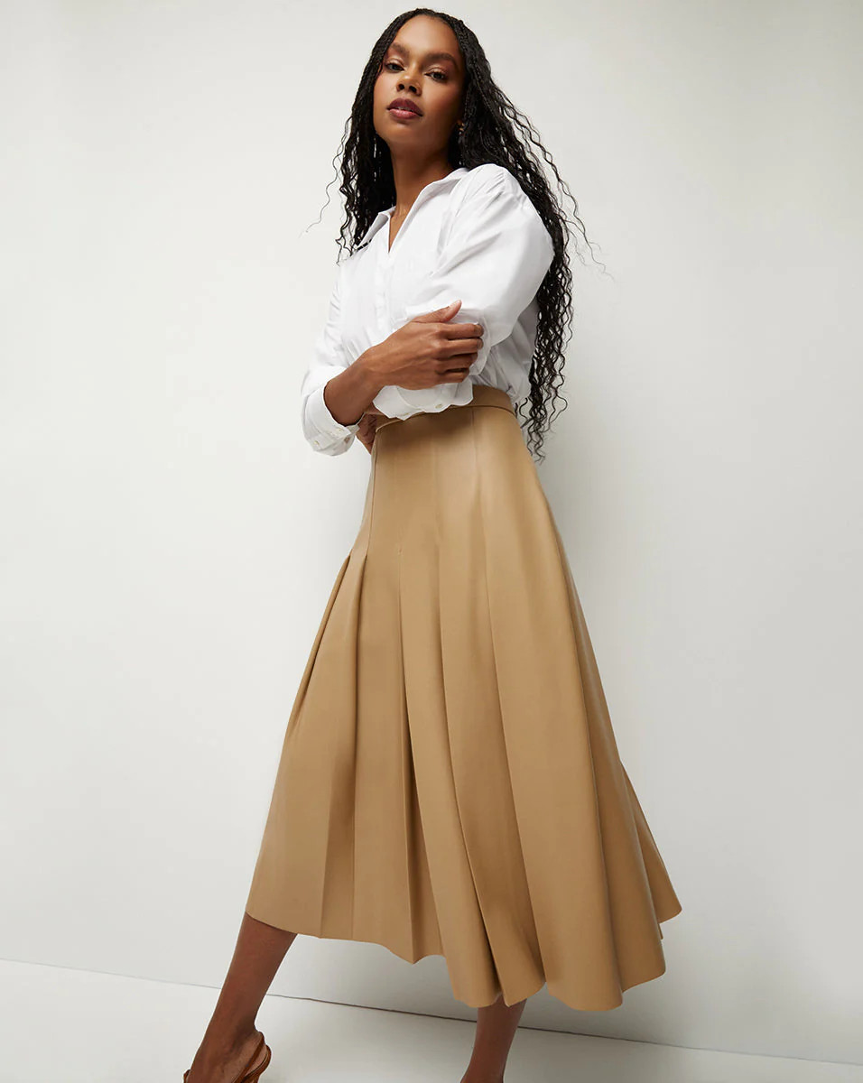 Herson Vegan Leather Pleated Midi Skirt | Veronica Beard