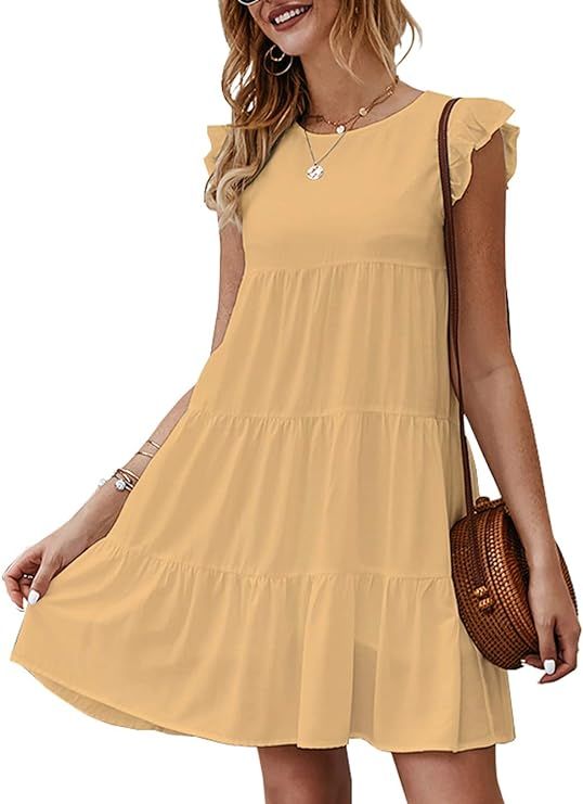 KIRUNDO Women’s Summer Dress Sleeveless Ruffle Sleeve Round Neck Mini Dress Solid Color Loose F... | Amazon (US)
