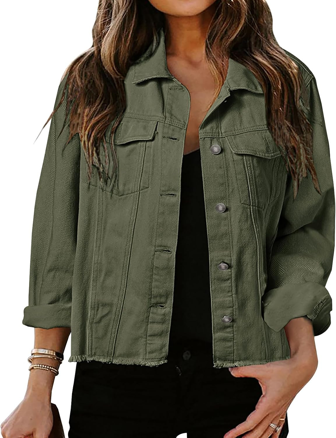 Women's Jean Jacket Frayed Washed Button Up Cropped Denim Jacket | Amazon (US)