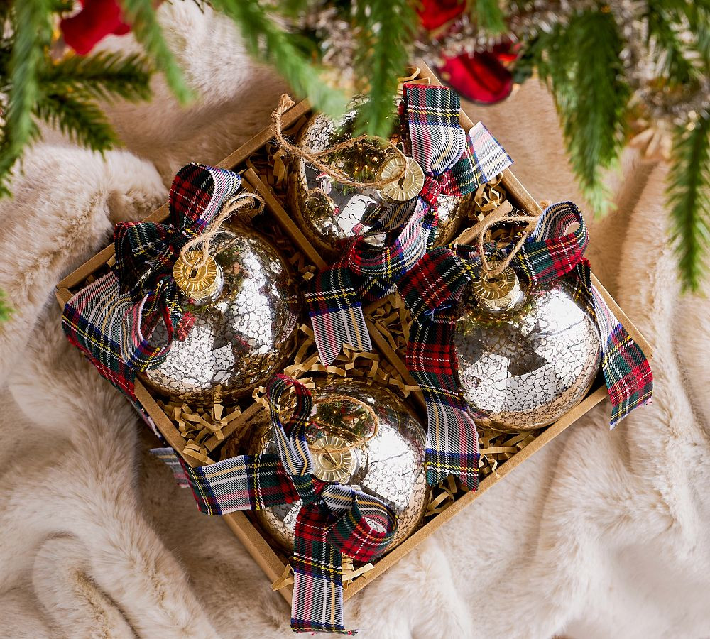 Mercury Glass Ball Ornaments with Plaid Bows - Set of 4 | Pottery Barn (US)