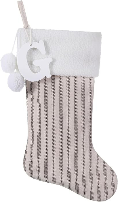19.5 Inch Vintage Cream Vertical Stripe Christmas Stocking w/Poms, Personalized Wooden Initial Mo... | Amazon (US)