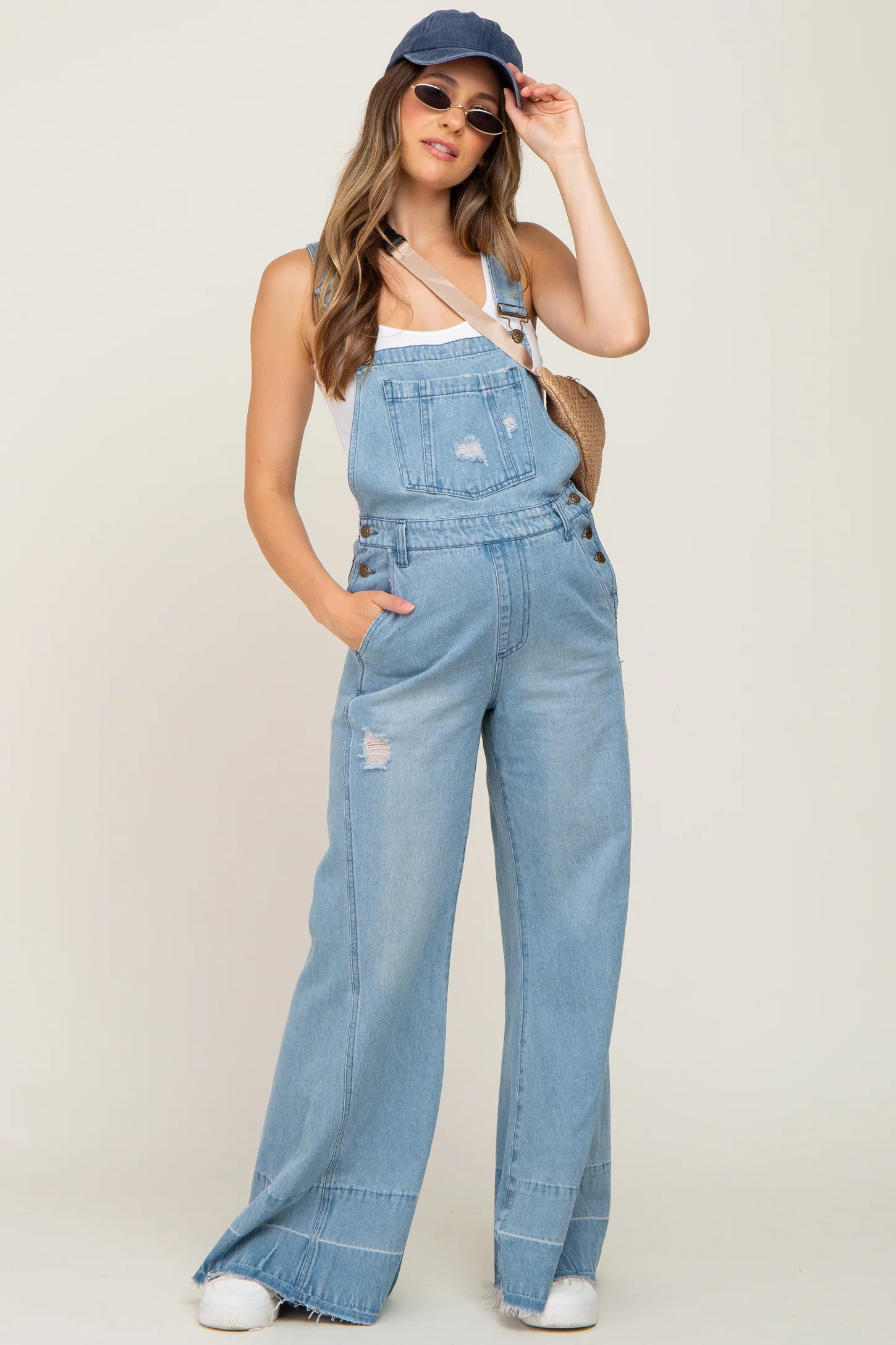 Blue Light Wash Denim Distressed Wide Leg Maternity Overalls | PinkBlush Maternity