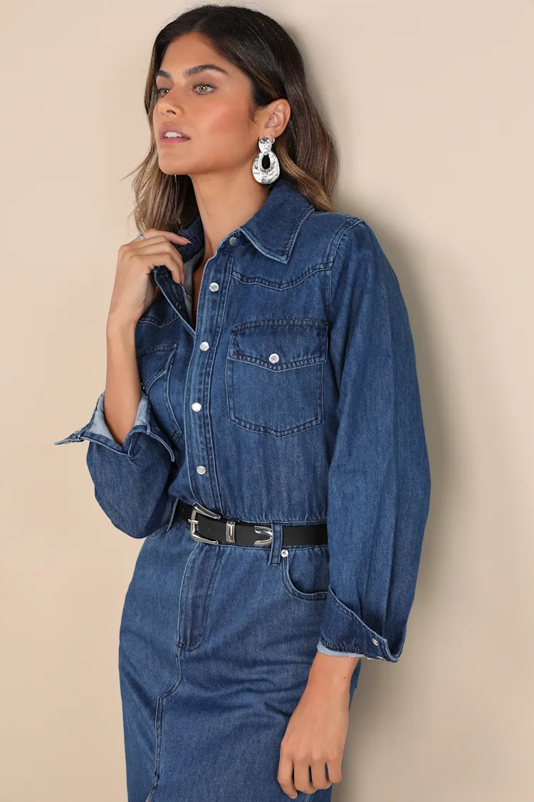 Dakoda Dark Wash Denim Long Sleeve Midi Dress With Pockets | Lulus