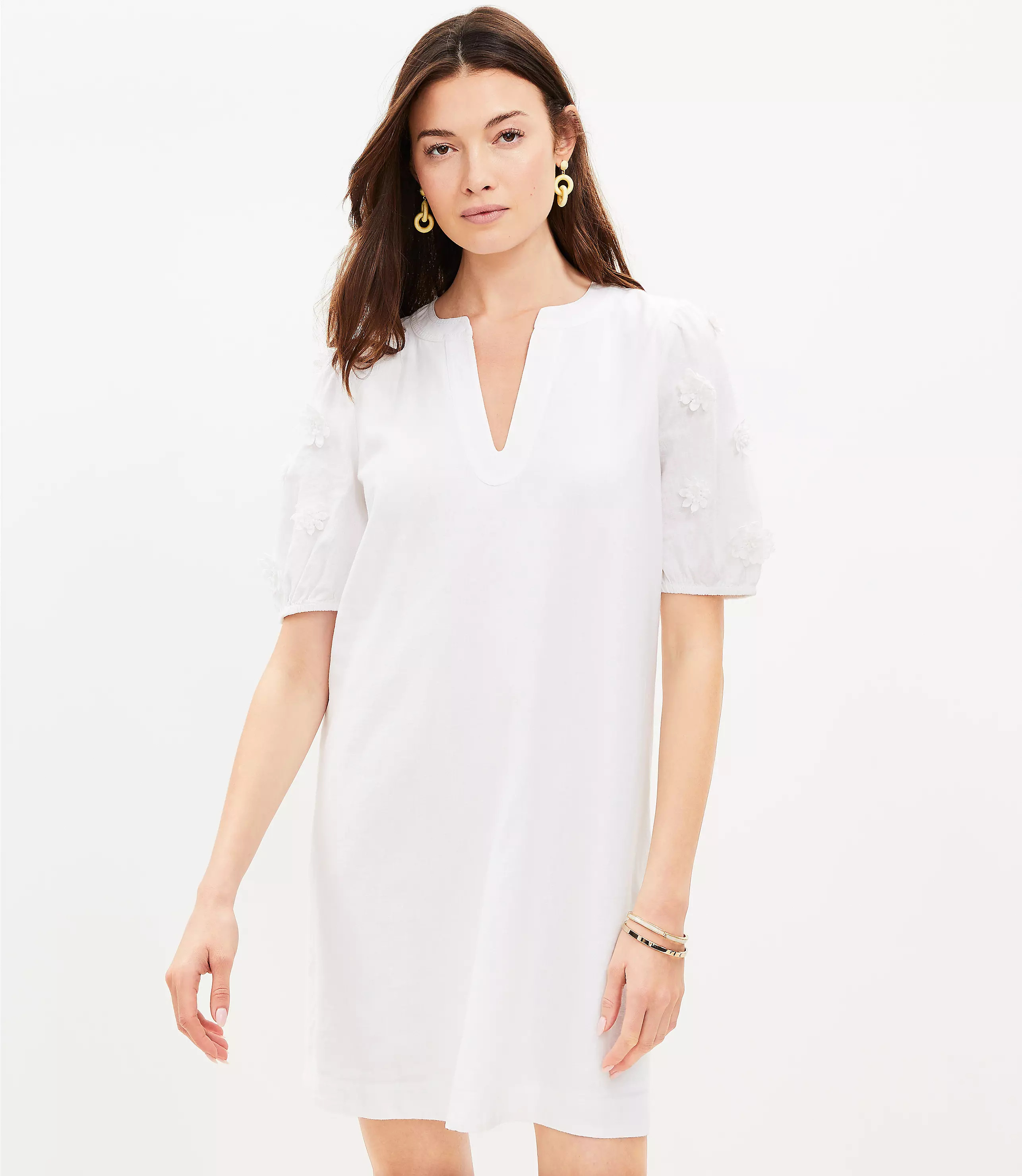 Petite Floral Applique Linen Blend Puff Sleeve Swing Dress | LOFT