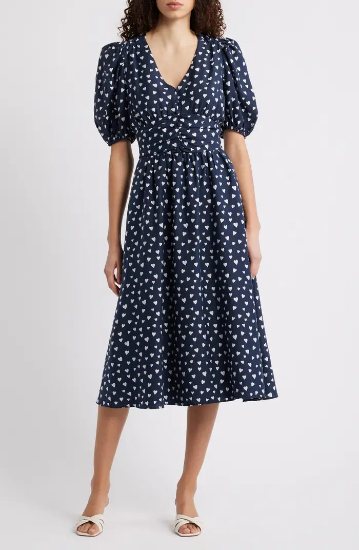 Puff Sleeve Heart Midi Dress | Nordstrom
