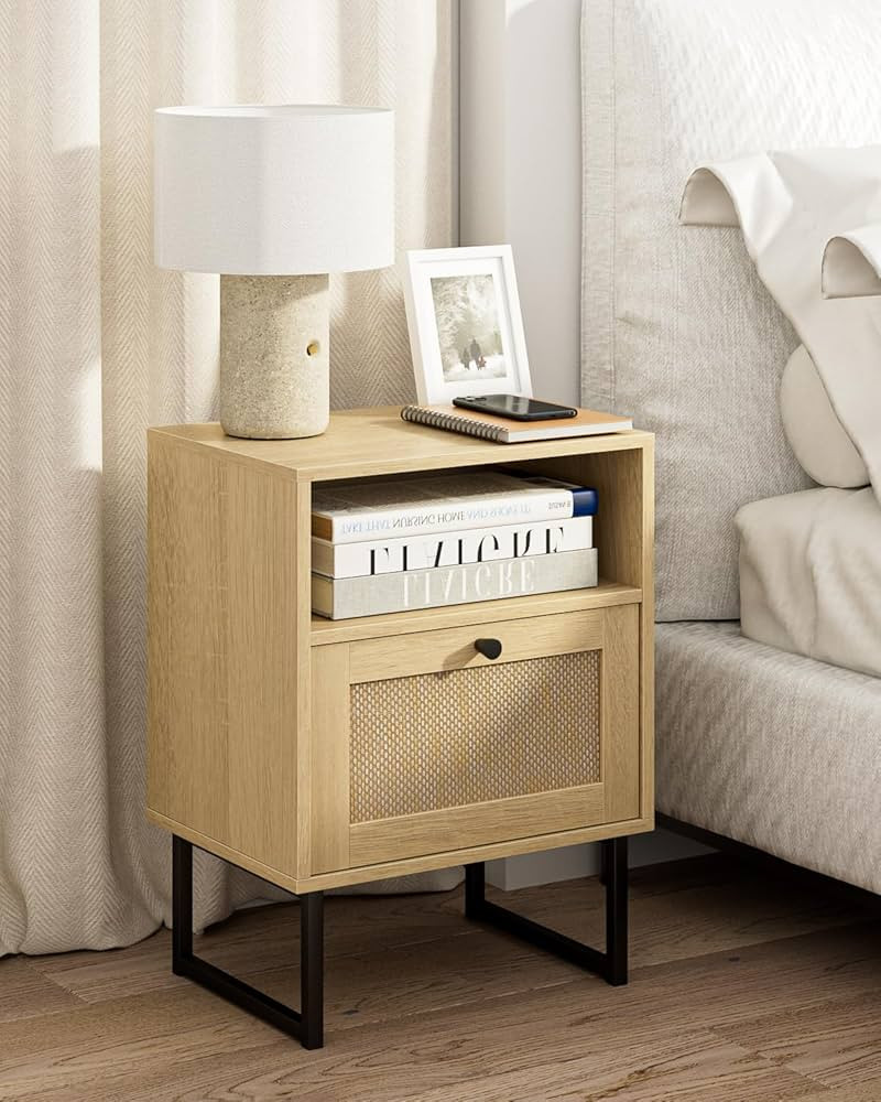 Masupu Rattan Nightstand,Modern Boho Farmhouse Wood Bedside Table with Storage Drawer and Open Sh... | Amazon (US)