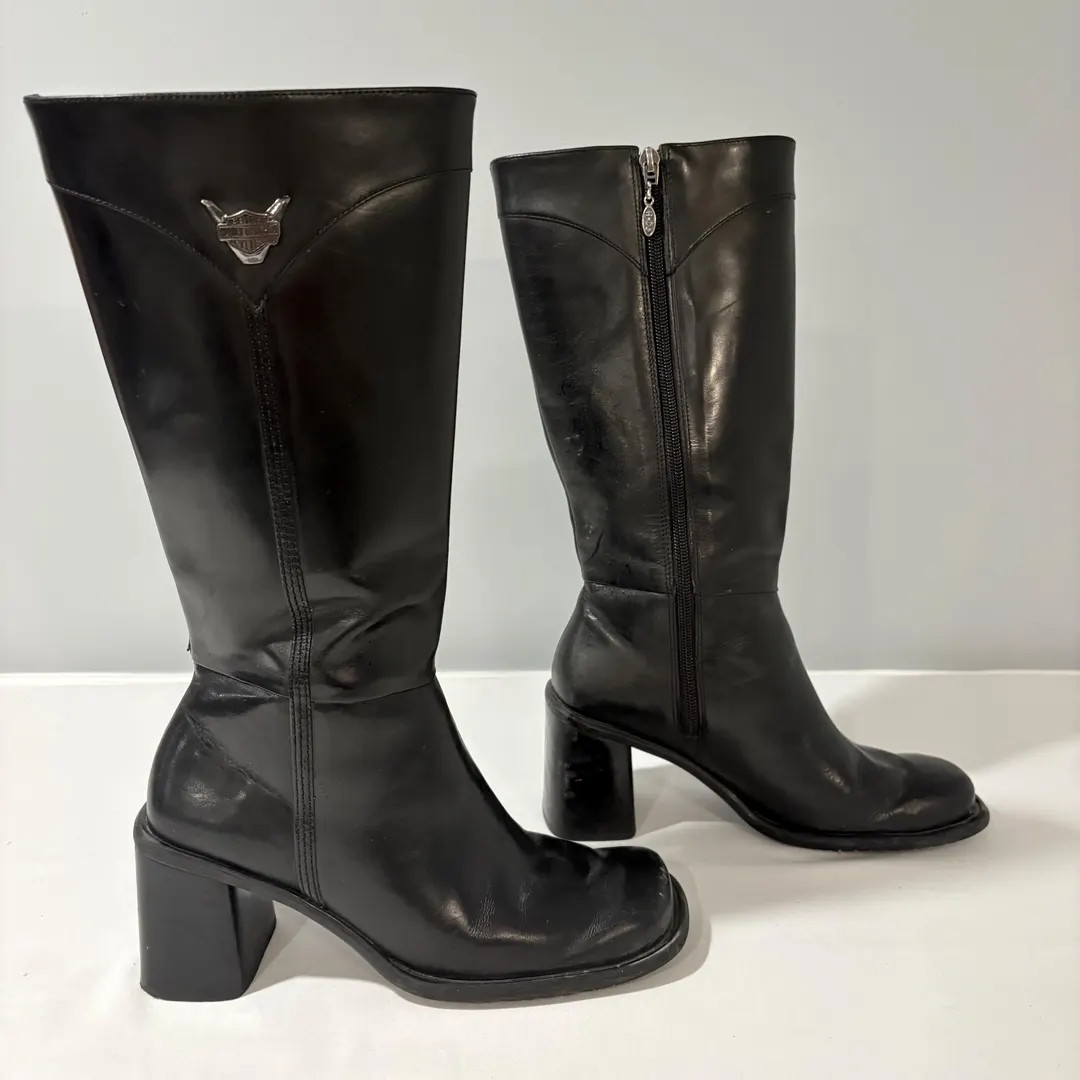 Vintage Harley Davidson Black Leather Knee High Boots: Square Toe, Block Heel, Size 7.5 - Etsy Ca... | Etsy (US)