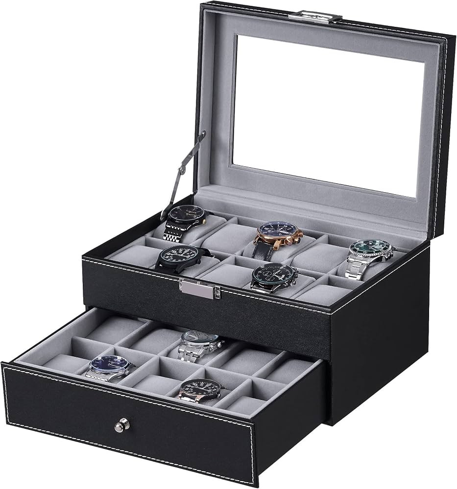 BEWISHOME Watch Box Organizer 20 Men Display Storage Case Metal Hinge Black PU Leather Glass Top ... | Amazon (US)