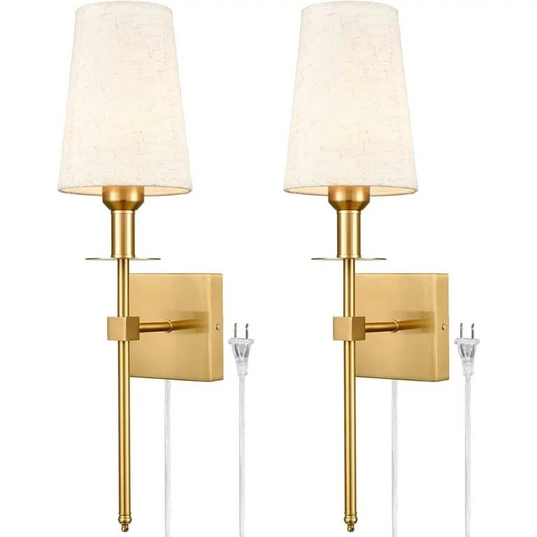 Gold Wall Sconces Set of Two Plug in Sconces Wall Lighting with Fabric Shade - Walmart.com | Walmart (US)