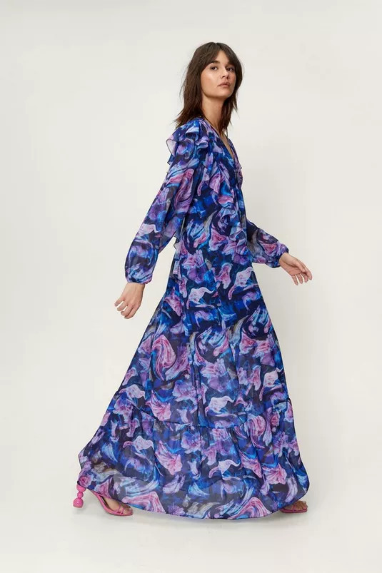 Blurred Floral Print Ruffle Maxi Dress | Nasty Gal (US)