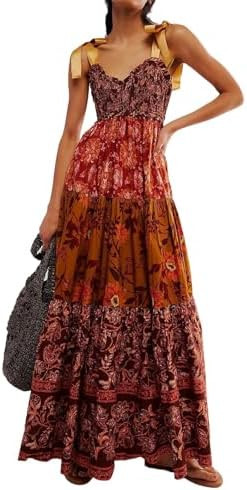 ABYOVRT Women Floral Maxi Dress Tie Shoulder Patchwork Smocked Flowy Boho Dress with Pockets Summ... | Amazon (US)