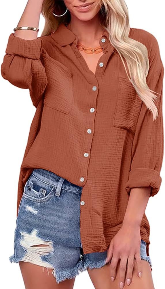 Saudacdn Women Button Down Shirts V Neck Blouse Long Roll Up Cuffed Sleeve Pocket Casual Boyfrien... | Amazon (US)