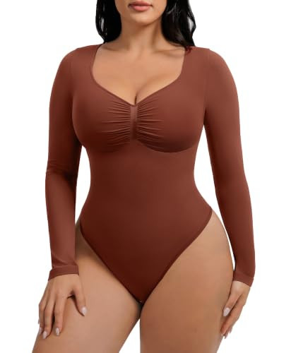 FeelinGirl Women Plus Size Shapewear Bodysuit Long Sleeve Reddish Brown 3XL | Amazon (US)