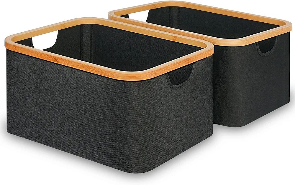 Storage Baskets for Organizing, Fabric Storage Baskets with Bamboo Handles, Collapsible Storage B... | Amazon (US)
