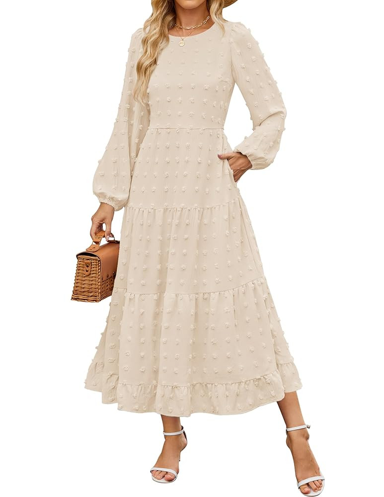 ZESICA Women's Fall Long Sleeve Maxi Dresses 2025 Crew Neck Swiss Dot Tiered Flowy A Line Casual ... | Amazon (US)