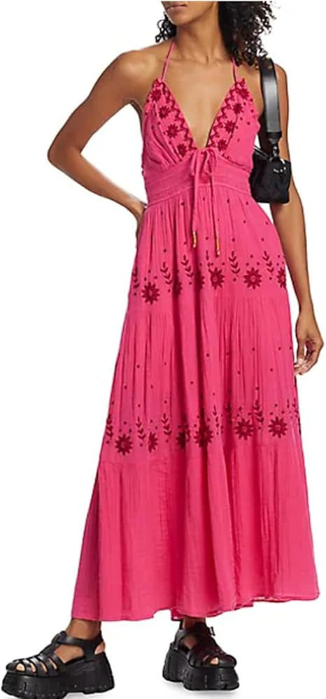 SOOKABEILA Casual Embroidered Maxi Dress for Women Square Neck Backless Smocked Ruffle Puff Sleev... | Amazon (US)
