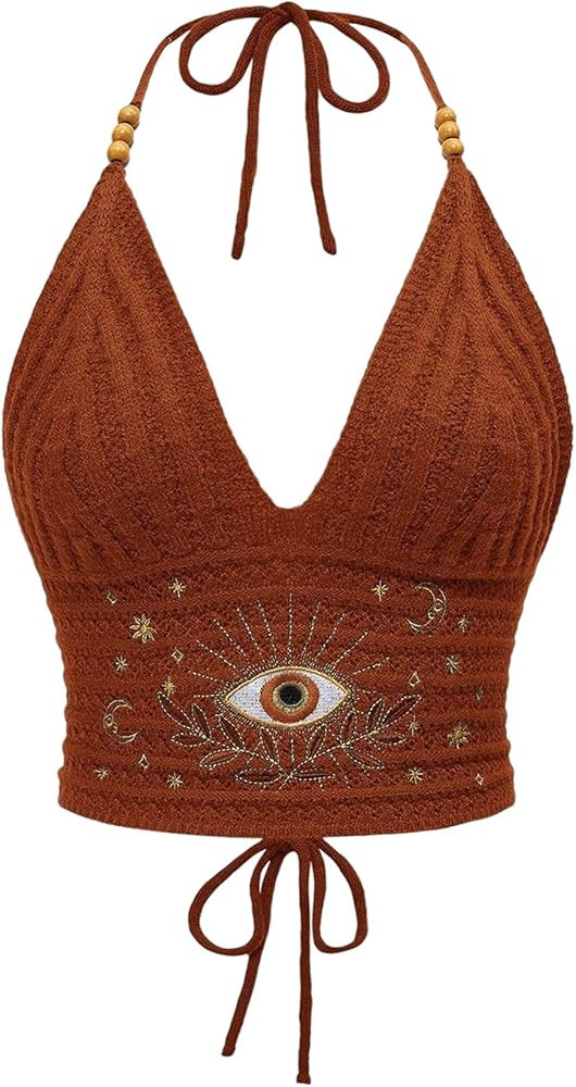Women's Y2k Crochet Halter Top Goth Clothes 70s Hippie Top Boho Crop Tie Backless Knit Cami Tank | Amazon (US)