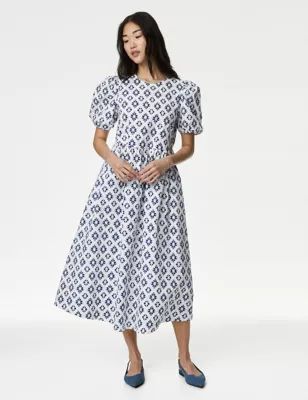 Cotton Rich Printed Puff Sleeve Waisted Dress | Marks & Spencer (UK)