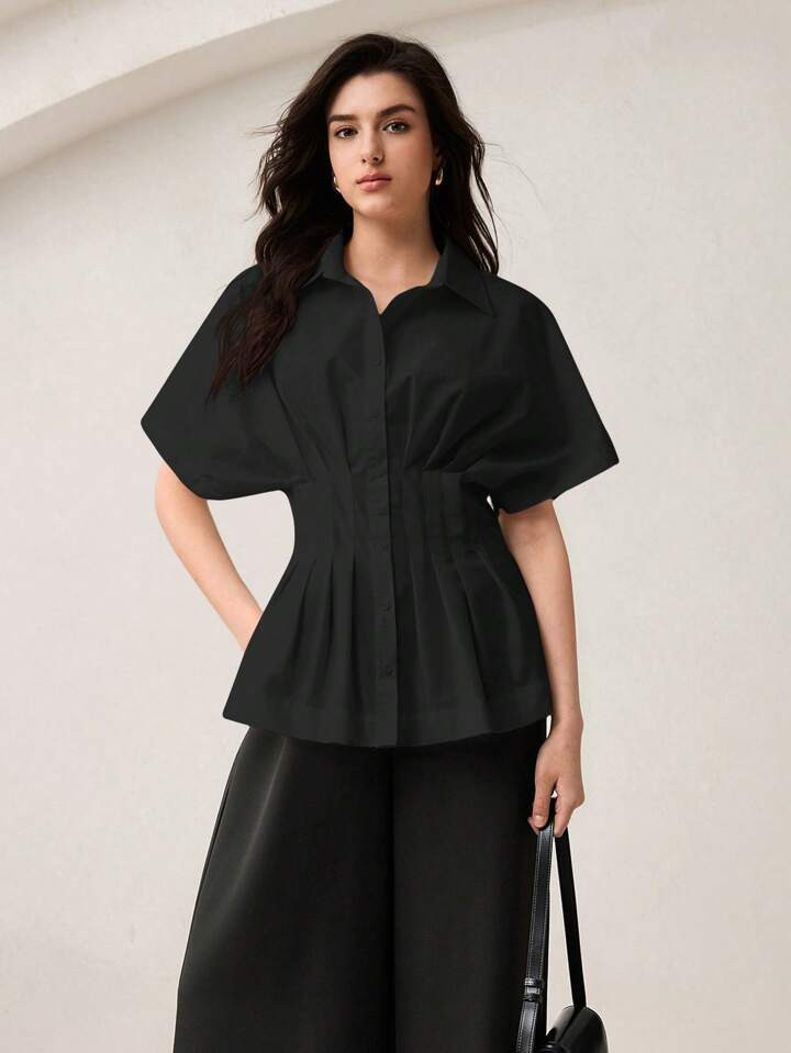 BizChic Women's Solid Color Bat Sleeve Pleated Waist Casual Blouse | SHEIN