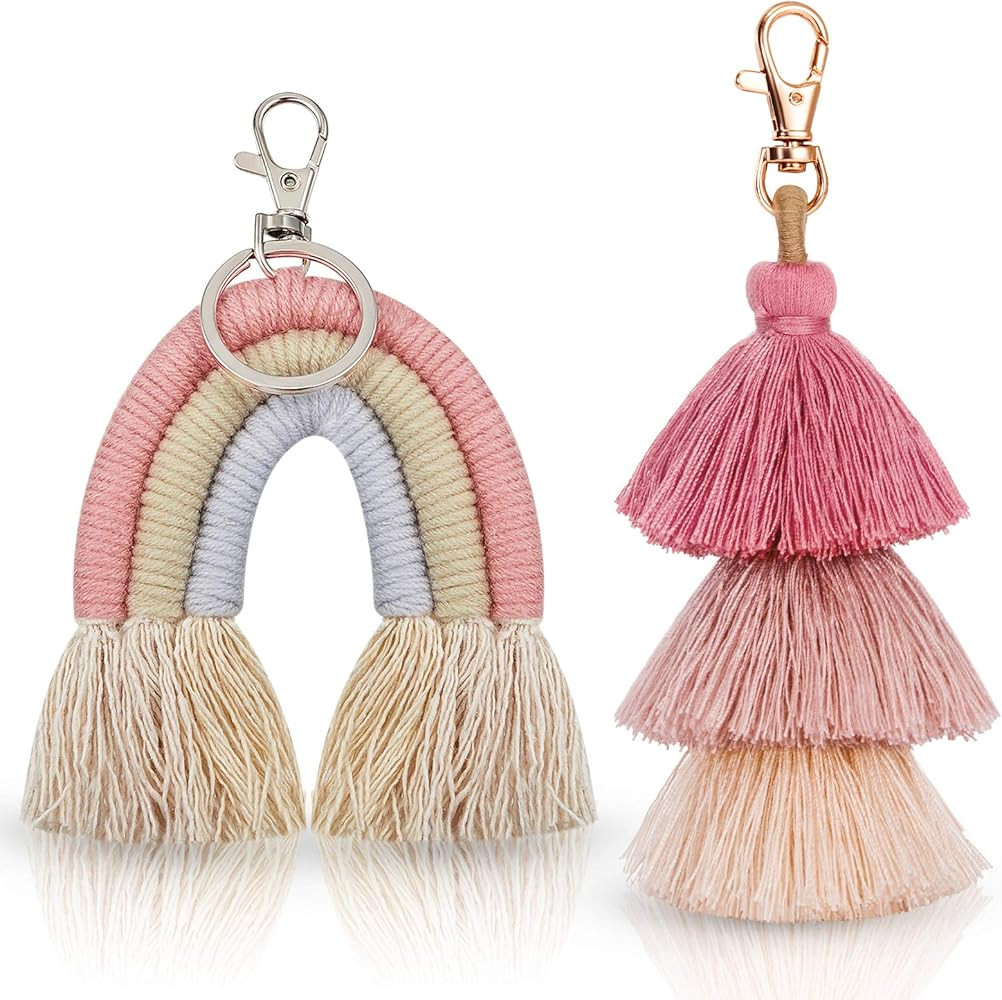 Hicarer 2 Pieces Boho Rainbow Keychains Pom Pom Tassel Macrame Keychains for Women Girls | Amazon (US)