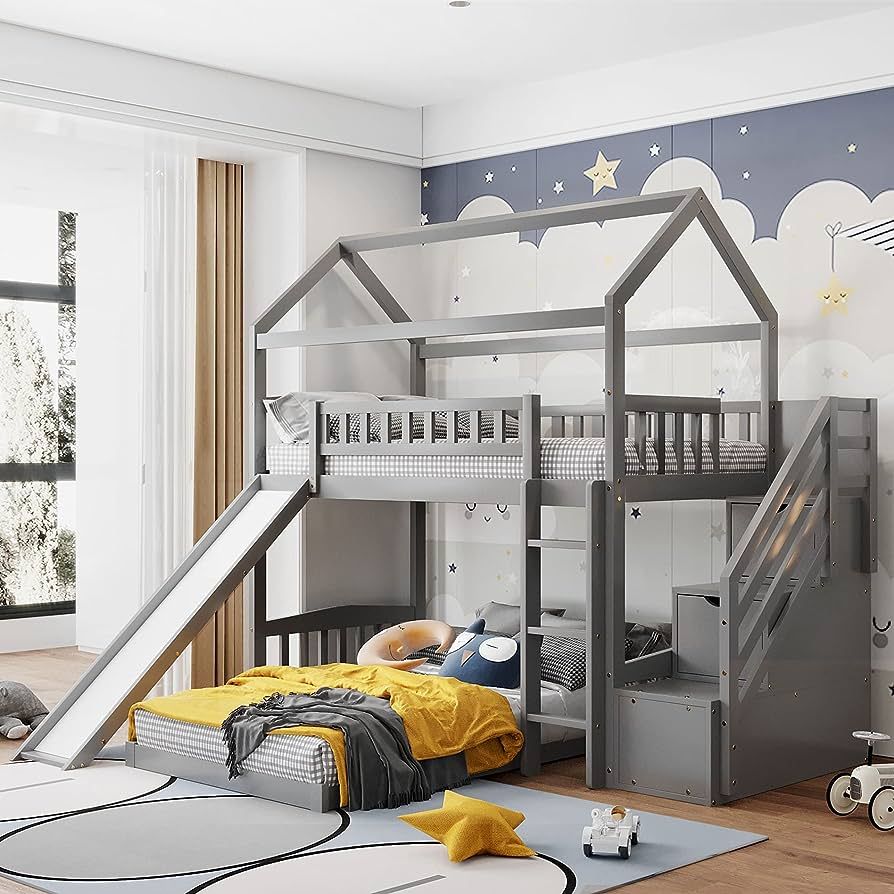MERITLINE House Bed Bunk Beds with Slide Wood Twin Bunk Bed with Stairs for Kids, House Bunk Beds... | Amazon (US)