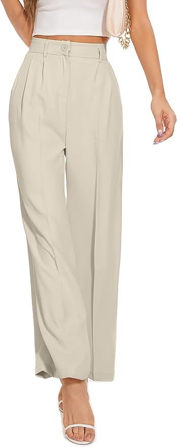 FUNYYZO Women's Wide Leg Pants High Elastic Waisted in The Back Business Work Trousers Long Strai... | Amazon (US)