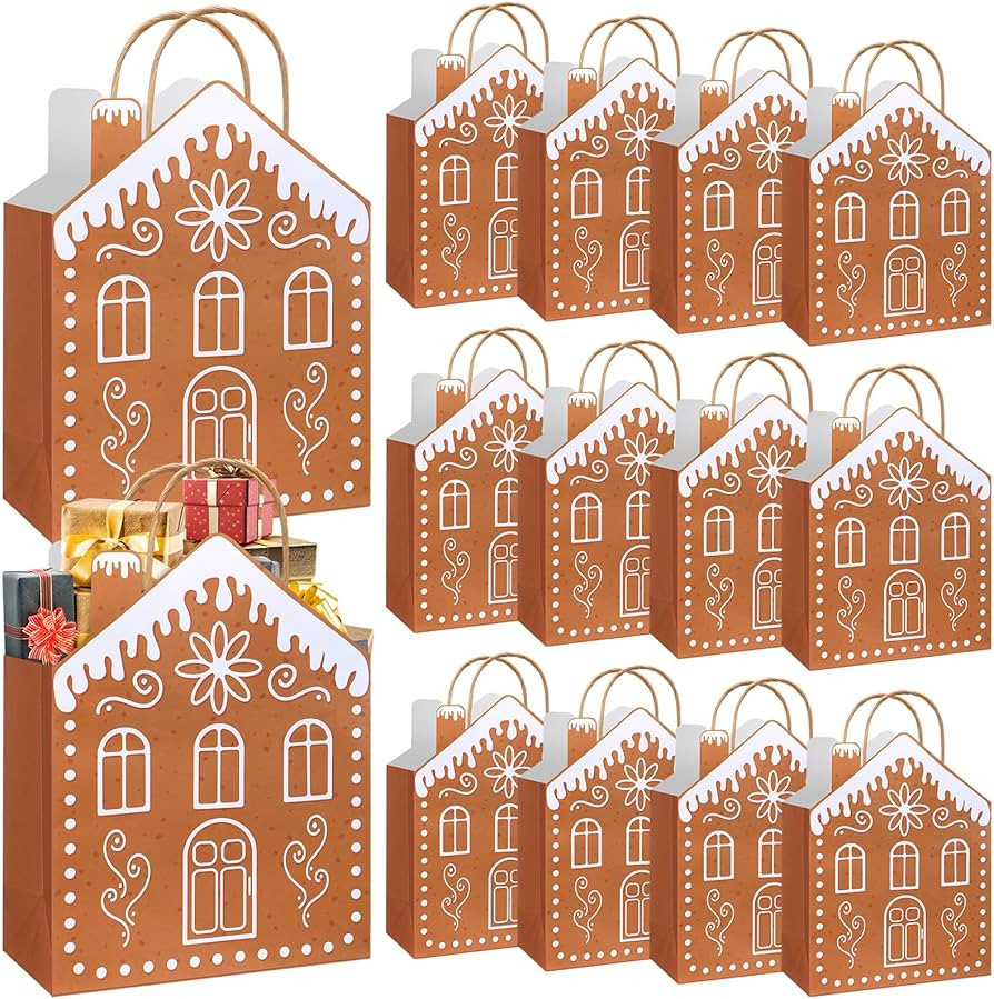 Kolldenn 24 Pcs Christmas Gift Bags with Handles Gingerbread House Shaped Treat Candy Goodies Bag... | Amazon (US)