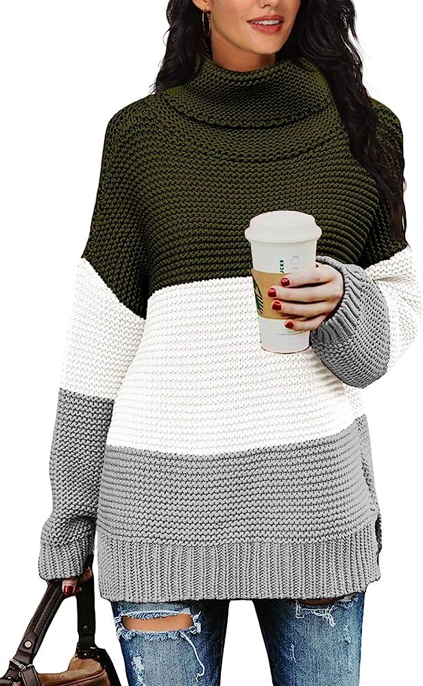 PrinStory Womens Casual Loose Long Sleeve Turtleneck Chunky Knit Pullover Sweater Tops with Side ... | Amazon (US)