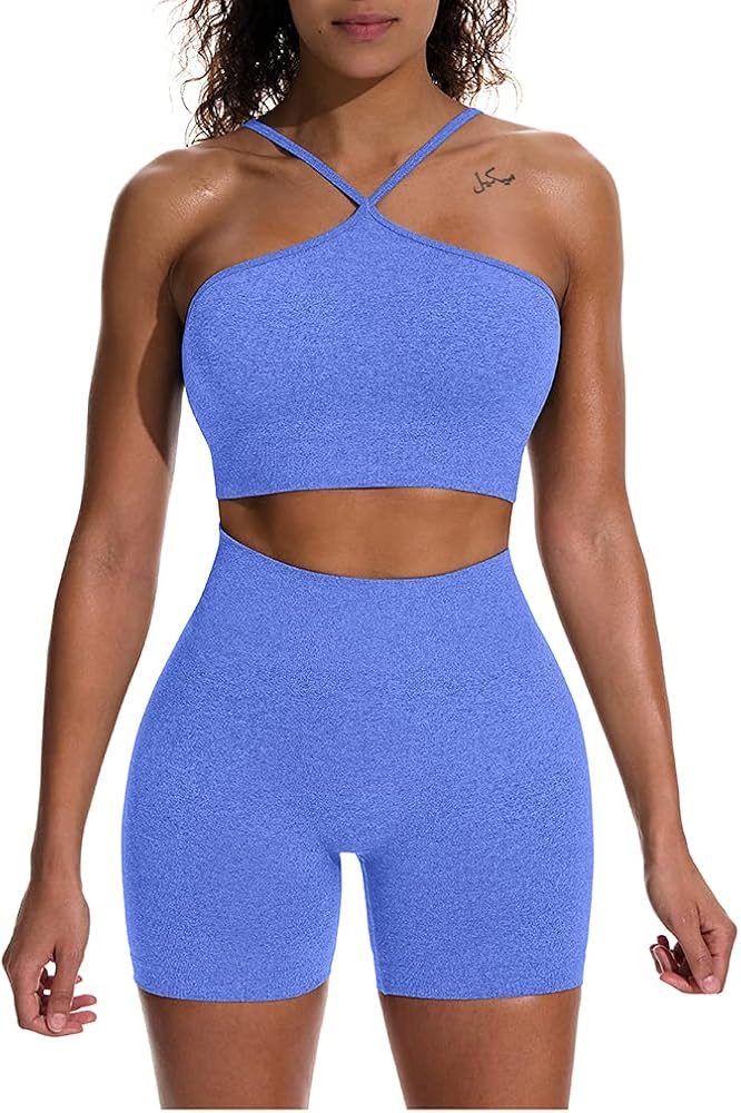 HYZ Women's Workout 2 Piece Outfits High Waist Running Shorts Seamless Gym Yoga Crop Top Bra Sets | Amazon (US)