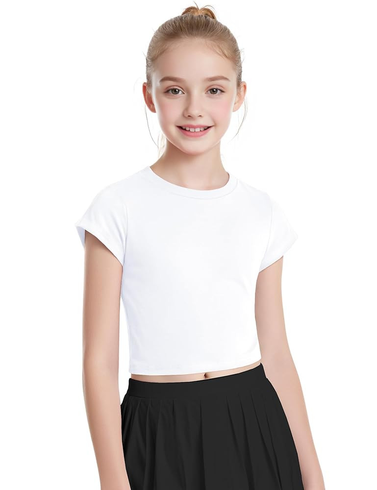 Auranso Girls Crop Tops Summer Short Sleeve Round Neck T Shirts Basic Tee for Kids | Amazon (US)