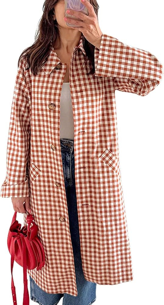 CHARTOU Women Long Plaid Trench Coat Fall Outfits Single Breast Gingham Overcoat | Amazon (US)