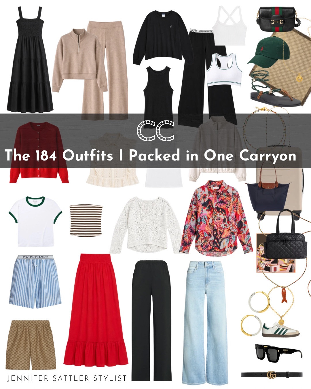 These are the 184 outfits I took to Europe in one carryon, no packing cubes, no wrinkles, and yes there was still room for souvenirs. I’ve been a capsule wardrobe stylist for 26 years and the layering method is the only way I pack. 

European Summer Capsule Checklist
□ Dress (outfit multiplier)
□ Travel Set (half zip + pants)
□ White Ribbed Tank
□ Lace Top
□ Jacket
□ Button-Up (outfit multiplier)
□ Wrinkle-Free Drawstring Pants
□ Jeans
□ Shorts
□ Skirt
□ Jersey Tee
