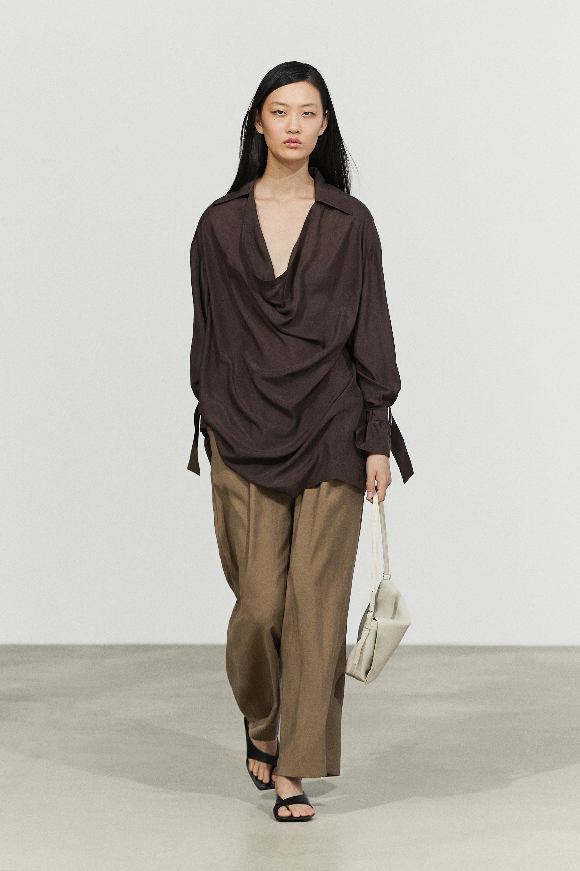 100% Silk Draped Neckline Flowy Shirt | Massimo Dutti UK
