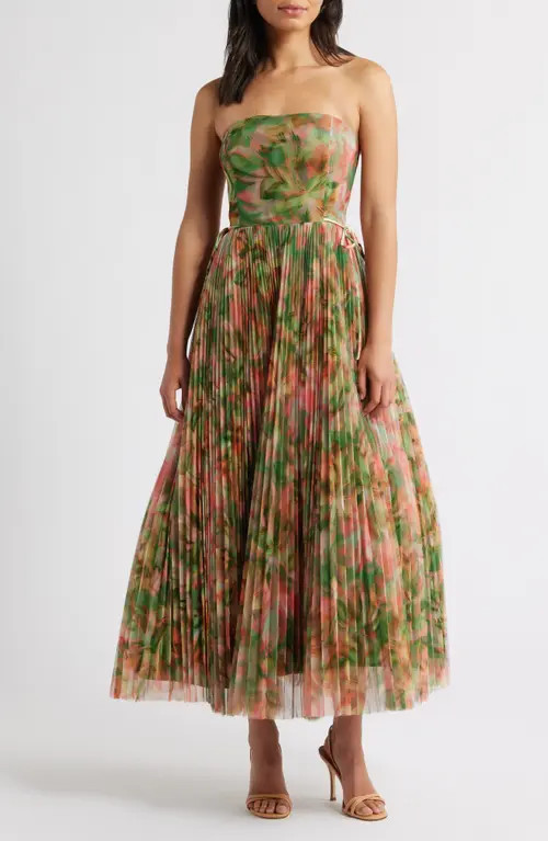 Hutch Pleated Strapless Mesh Gown in Sage Jungle at Nordstrom, Size 14 | Nordstrom