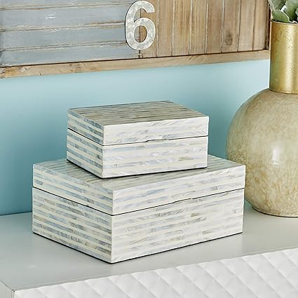 Deco 79 Mother of Pearl Handmade Box with Hinged Lid, Set of 2 12", 8"W, White | Amazon (US)