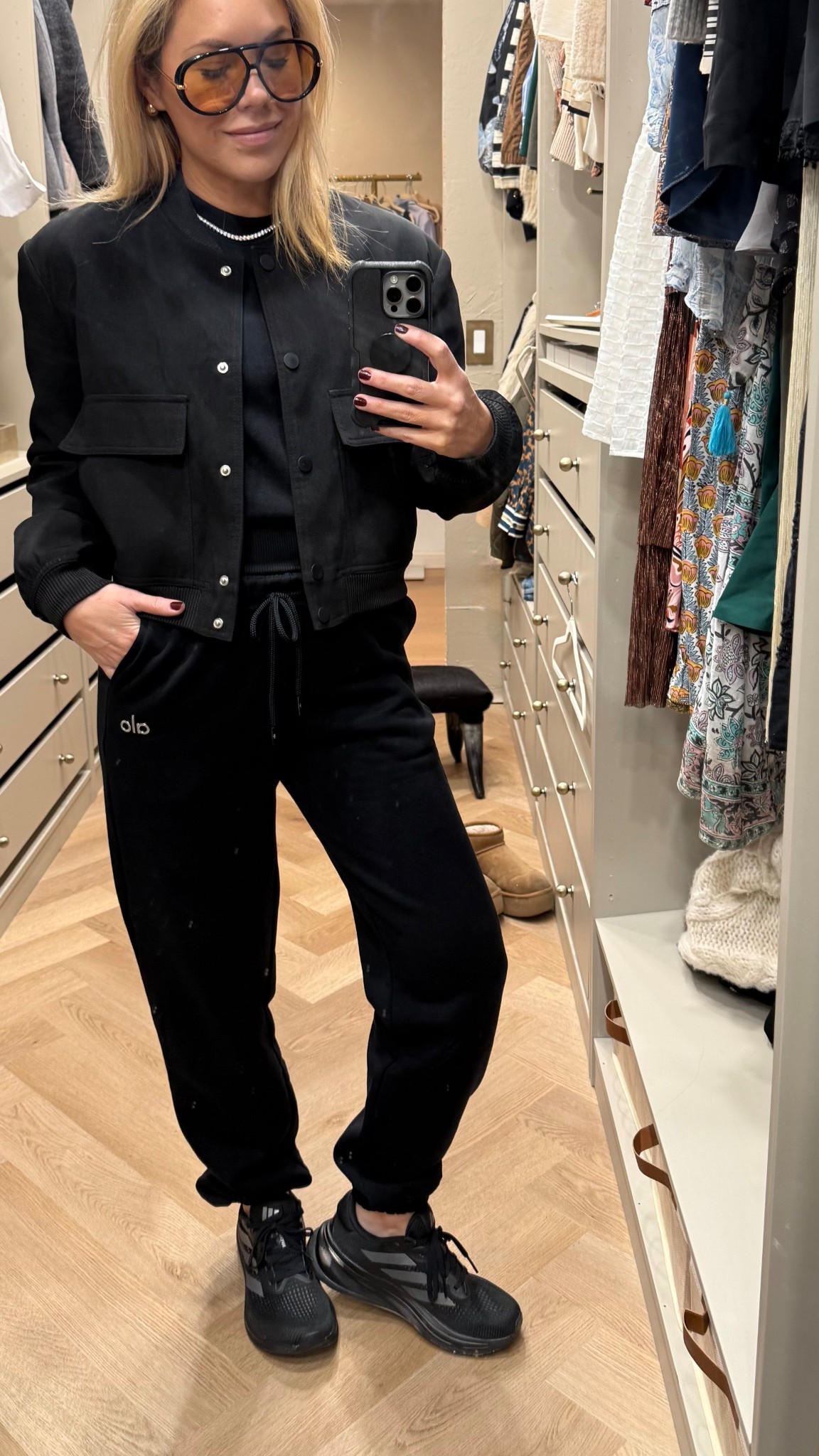 Styling Alo sweats (high/low version with Amazon jacket and Bottega Venetts sunglasses)

Black sweatpants
Sweatshirt 
Alo sweats
Alo sweatshirt
Alo sweatpants 

#LTKActive #LTKdayinmylife #LTKFindsUnder50