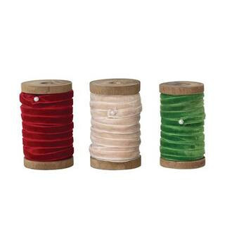 Hello Honey® Velvet Ribbon on Mango Wood Spool Set, Red, Beige, and Green in Red/Beige/Green | Michaels® | Michaels Stores
