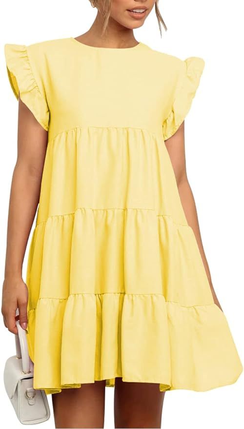 IHOT Women Summer Casual Babydoll Ruffle Sleeve Crew Neck Sleeveless Flowy Mini Short Tunic Dress | Amazon (US)