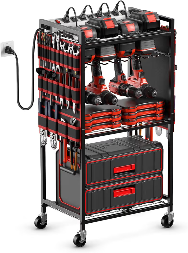 JUNNUJ Large Power Tool Organizer Cart with Charging Station, Garage Floor Standing Rolling Drill... | Amazon (US)