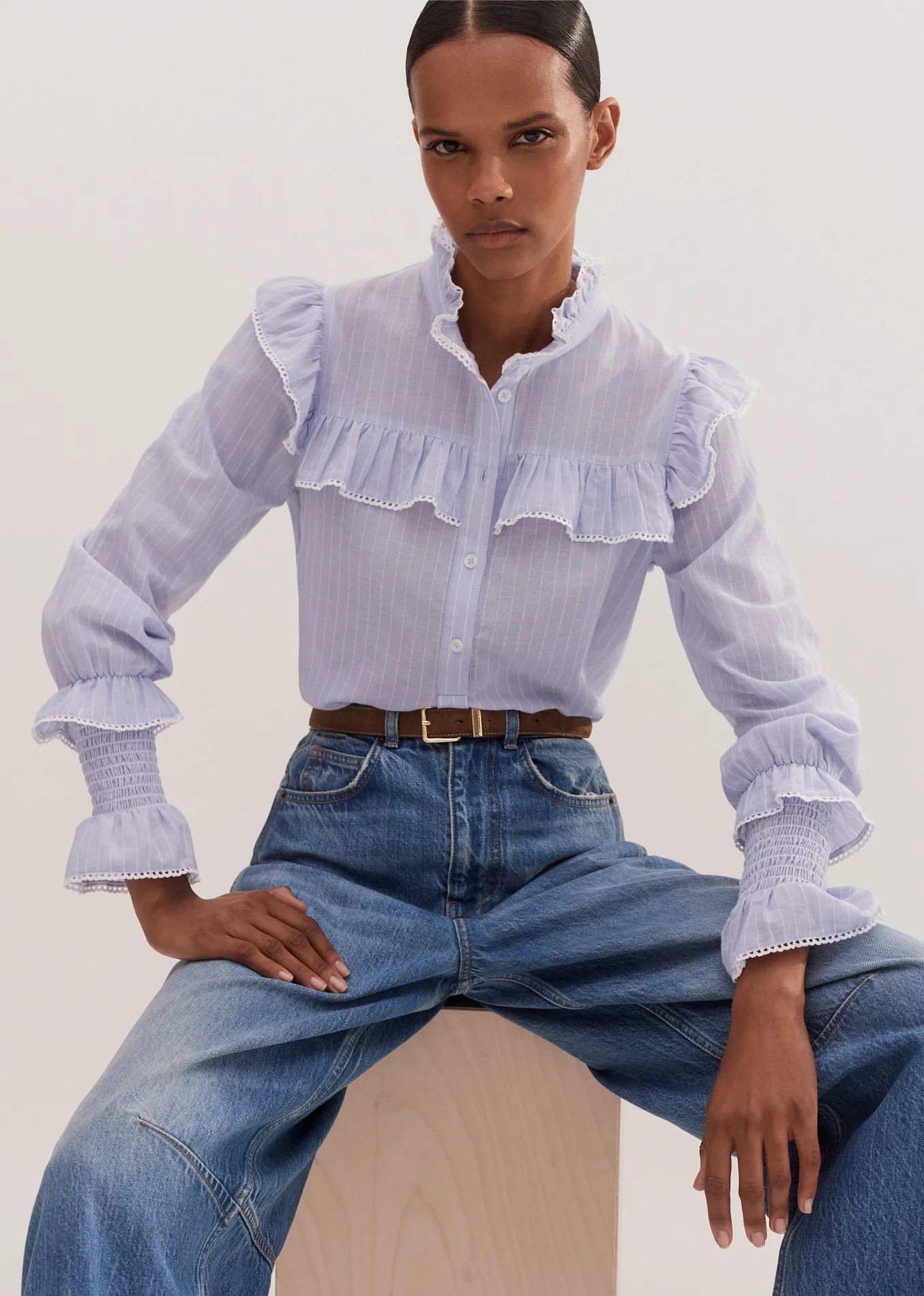 Cotton Voile Stripe Long Sleeve Top | ME+EM US