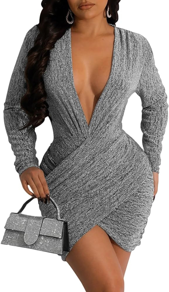 FairBeauty Women's Sexy Sparkly V Neck Long Sleeve Ruched Metallic Bodycon Club Mini Dresses | Amazon (US)