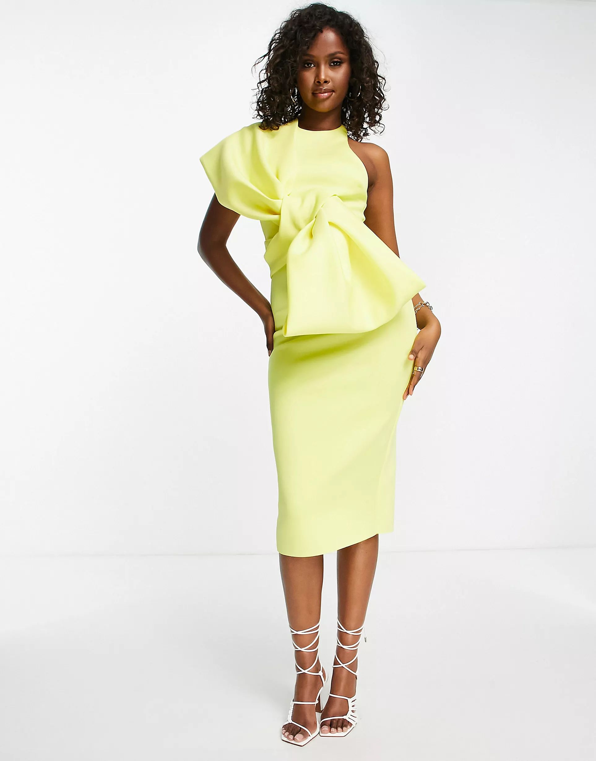 ASOS DESIGN extreme bow midi pencil dress in bright yellow | ASOS (Global)